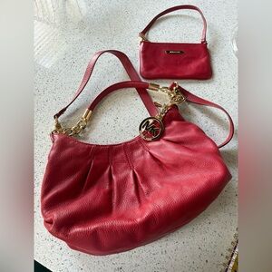 MICHAEL KORS EUC Red Shoulder Bag & Wristlet with Gold Accents